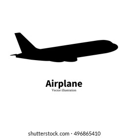 Vector illustration of black airplane silhouette. Isolated on white background. Logo icon plane. Aircraft side view profile. The concept of air travel.