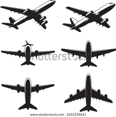 A vector illustration black airplane silhouettes viewed from a top down perspective, arranged on a clean white background	
