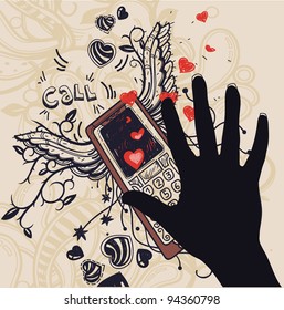 vector illustration of a black arm and  a calling phone