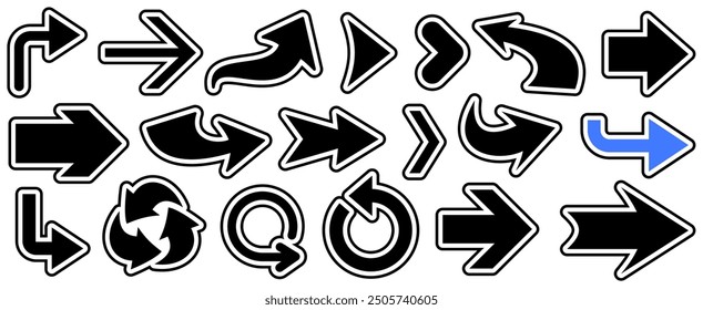 Vector illustration of black arrows in various directions, featuring bold white outlines and different styles.