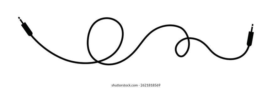 Vector illustration of black audio cable with jack connectors featuring smooth loops and clean outlines, isolated on a white background for digital or print use