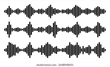 Vector illustration of black audio waveforms on a white background, ideal for music, sound design, podcast graphics, and audio-related projects.