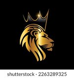 A vector Illustration  in black background with gold shine effect of Golden Lion Head with Crown Logo Vector Icon