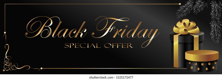 Vector illustration of a black background with black with gold boxes. Calligraphic inscription black friday.