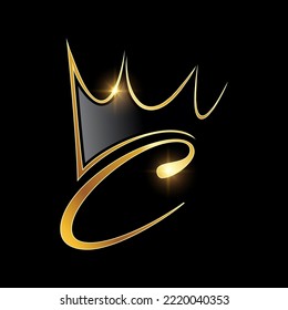 A vector Illustration  in black background with gold shine effect of Gold Monogram Crown Logo Initial Letter C