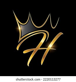 Un vector Ilustración en fondo negro con efecto de brillo dorado Monograma Crown Logotipo de oro Letra inicial H