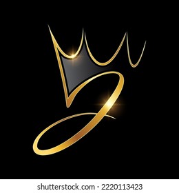 Un vector Ilustración en fondo negro con efecto de brillo dorado Monograma Crown Logotipo carta inicial J