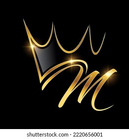 Un vector Ilustración en fondo negro con efecto de brillo dorado Monograma Crown Logotipo carta inicial M