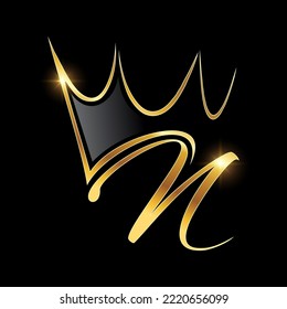 A vector Illustration  in black background with gold shine effect of Gold Monogram Crown Logo Initial Letter N