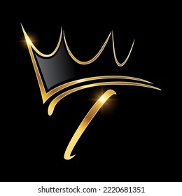 Un vector Ilustración en fondo negro con efecto de brillo dorado Monograma Crown Logotipo carta inicial T