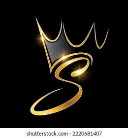 A vector Illustration  in black background with gold shine effect of Gold Monogram Crown Logo Initial Letter S