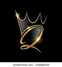 A vector Illustration  in black background with gold shine effect of Gold Monogram Crown Logo Initial Letter Q