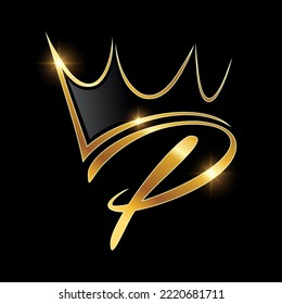 Un vector Ilustración en fondo negro con efecto de brillo dorado Monograma Crown Logotipo carta inicial P