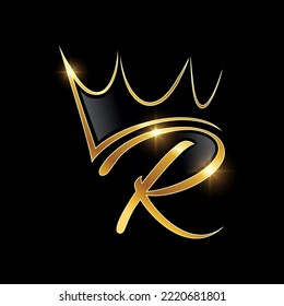 A vector Illustration  in black background with gold shine effect of Gold Monogram Crown Logo Initial Letter R