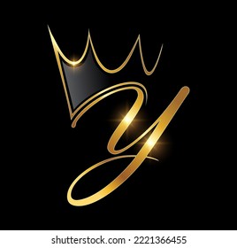 Eine Vektorgrafik auf schwarzem Hintergrund mit goldener glänzender Wirkung des Gold Monogram Crown Logo, Anfangsbuchstabe Y