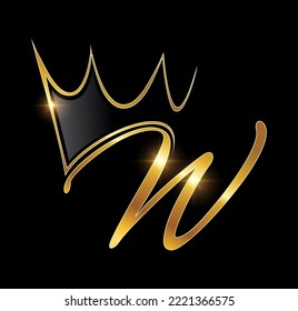 A vector Illustration  in black background with gold shine effect of Gold Monogram Crown Logo Initial Letter W