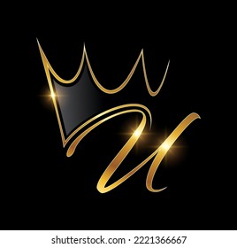 Eine Vektorgrafik auf schwarzem Hintergrund mit goldener glänzender Wirkung des Gold Monogram Crown Logo Initial Letter U