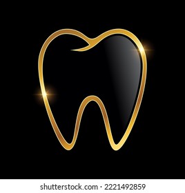 Un vector Ilustración en fondo negro con efecto de brillo dorado del icono del vector de dientes de lujo dorado
