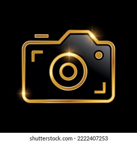 Un vector Ilustración en fondo negro con efecto de brillo dorado del icono del vector de cámara de lujo Gold