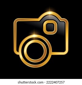 A vector Illustration  in black background with gold shine effect of Gold Luxury Camera Vector Icon