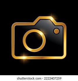 A vector Illustration  in black background with gold shine effect of Gold Luxury Camera Vector Icon