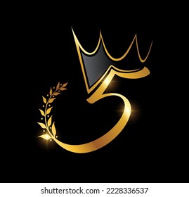A vector illustration in black background with gold shine effect for Golden Luxury Crown Monogram Number 5