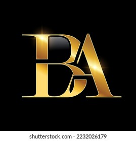 A vector Illustration  in black background with gold shine effect of Gold Monogram Logo Initial Letters BA