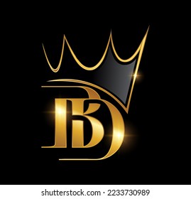 A vector Illustration  in black background with gold shine effect of Gold Monogram Crown Logo Initial Letters BD