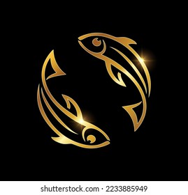 Un vector Ilustración en el fondo negro con efecto de brillo dorado del vector de pescado de lujo de oro Icono