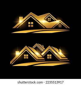 Un vector Ilustración en fondo negro con efecto de brillo dorado del logotipo de la propiedad inmobiliaria Icono del vector