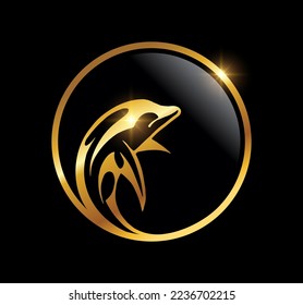 A vector Illustration  in black background with gold shine effect of Golden Circle Dolphin Logo Vector Icon