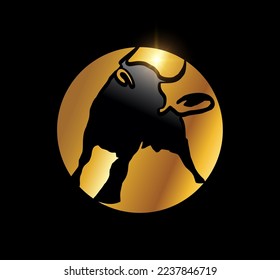 A vector Illustration  in black background with gold shine effect of Golden Bull Vector Illustration Icon