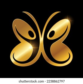 A vector Illustration  in black background with gold shine effect of Golden Butterfly People Logo Vector Icon