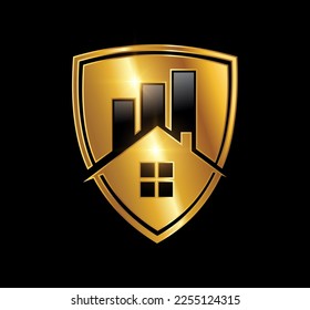 A vector Illustration  in black background with gold shine effect of Golden Home Real Estate Logo Vector icon