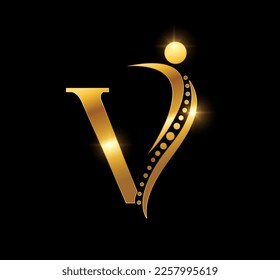 A vector Illustration  in black background with gold shine effect of Golden V People Logo Vector Icon