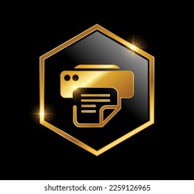 Un vector Ilustración en fondo negro con efecto de brillo dorado del logotipo de la impresora de fax dorado Icono del vector del logotipo