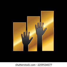 Un vector Ilustración en fondo negro con efecto de brillo dorado del icono del vector con el logotipo Golden Hand Up