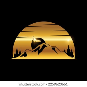 A vector Illustration  in black background with gold shine effect of Golden Mountain Logo Vector Icon