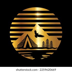 Un vector Ilustración en fondo negro con efecto de brillo dorado del logotipo de la montaña dorada Icono del vector