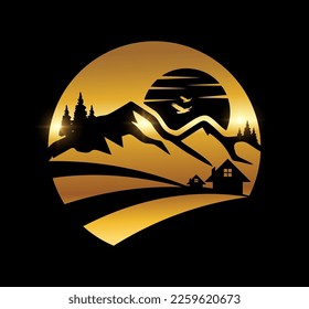 A vector Illustration  in black background with gold shine effect of Golden Mountain Logo Vector Icon