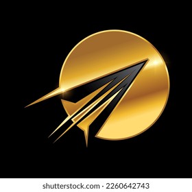 Un vector Ilustración en fondo negro con efecto de brillo dorado del icono del vector del logotipo del avión de papel dorado