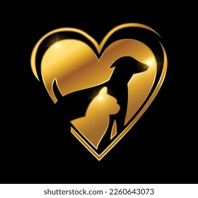 A vector Illustration  in black background with gold shine effect of Golden Cat and Dog Logo Vector icon