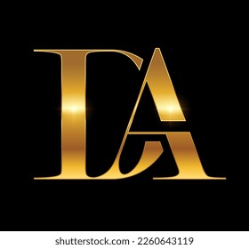 Eine Vektorgrafik auf schwarzem Hintergrund mit goldener glänzender Wirkung des Golden Monogram Logo, Anfangsbuchstabe DA