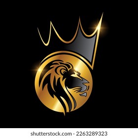 A vector Illustration  in black background with gold shine effect of Golden Lion Head with Crown Logo Vector Icon