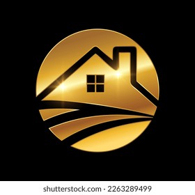 A vector Illustration  in black background with gold shine effect of Golden House Hut Logo Vector Icon