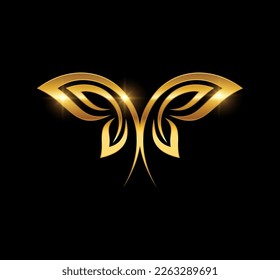 A vector Illustration  in black background with gold shine effect of Golden Butterfly Leaf Logo Vector Icon