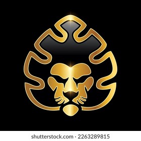 Un vector Ilustración en fondo negro con efecto de brillo dorado de la cabeza del león dorado con el icono del vector del logotipo de la corona