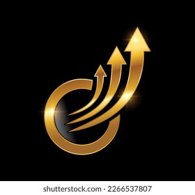A vector Illustration  in black background with gold shine effect of Golden Circle and Arrow Logo Vector Icon 