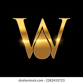 A vector Illustration  in black background with gold shine effect of Golden Water Drop Monogram Logo Letter W Vector Iconw