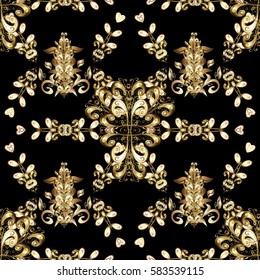 Vector illustration. Black background with gold elements. Seamless golden textured curls. Vector golden pattern. Oriental style arabesques.